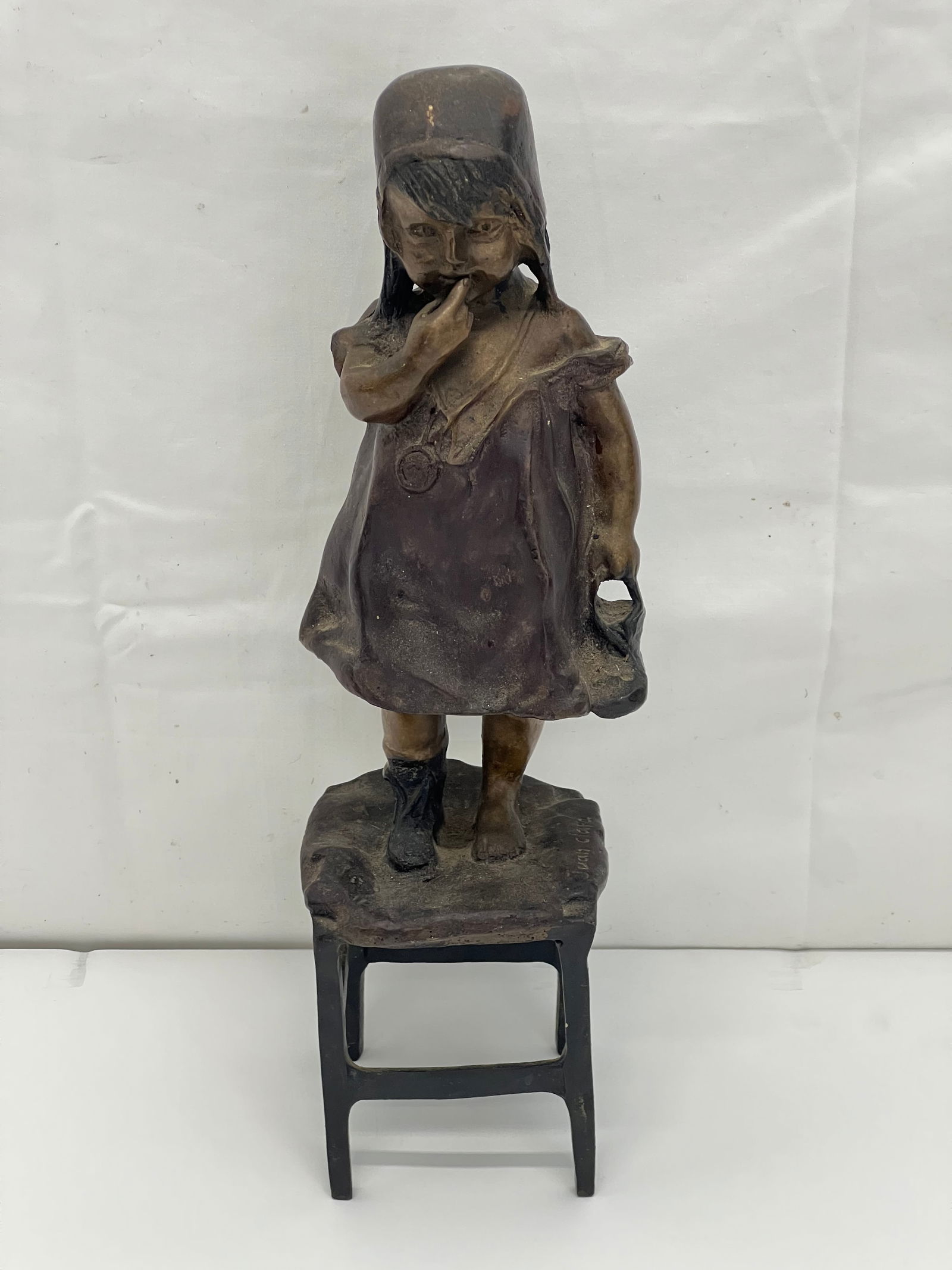19thC Juan Clara Signed Bronze Girl on Stool - Circa 1875, Signed on Stool, 12''T: 19thC Juan Clara Signed Bronze Girl on Stool - Circa 1875, Signed on Stool, 12''T