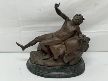 Antique Drunken Satyr on Barberini Faun Bronze - Bronze on Marble 12'' x 6'' x 11.25'' (Small Chip