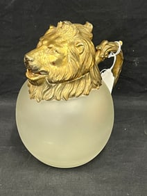 Carol Stupell Lion Head Pitcher 8''T - Frosted Glass w/ Gold Tone Lion Head