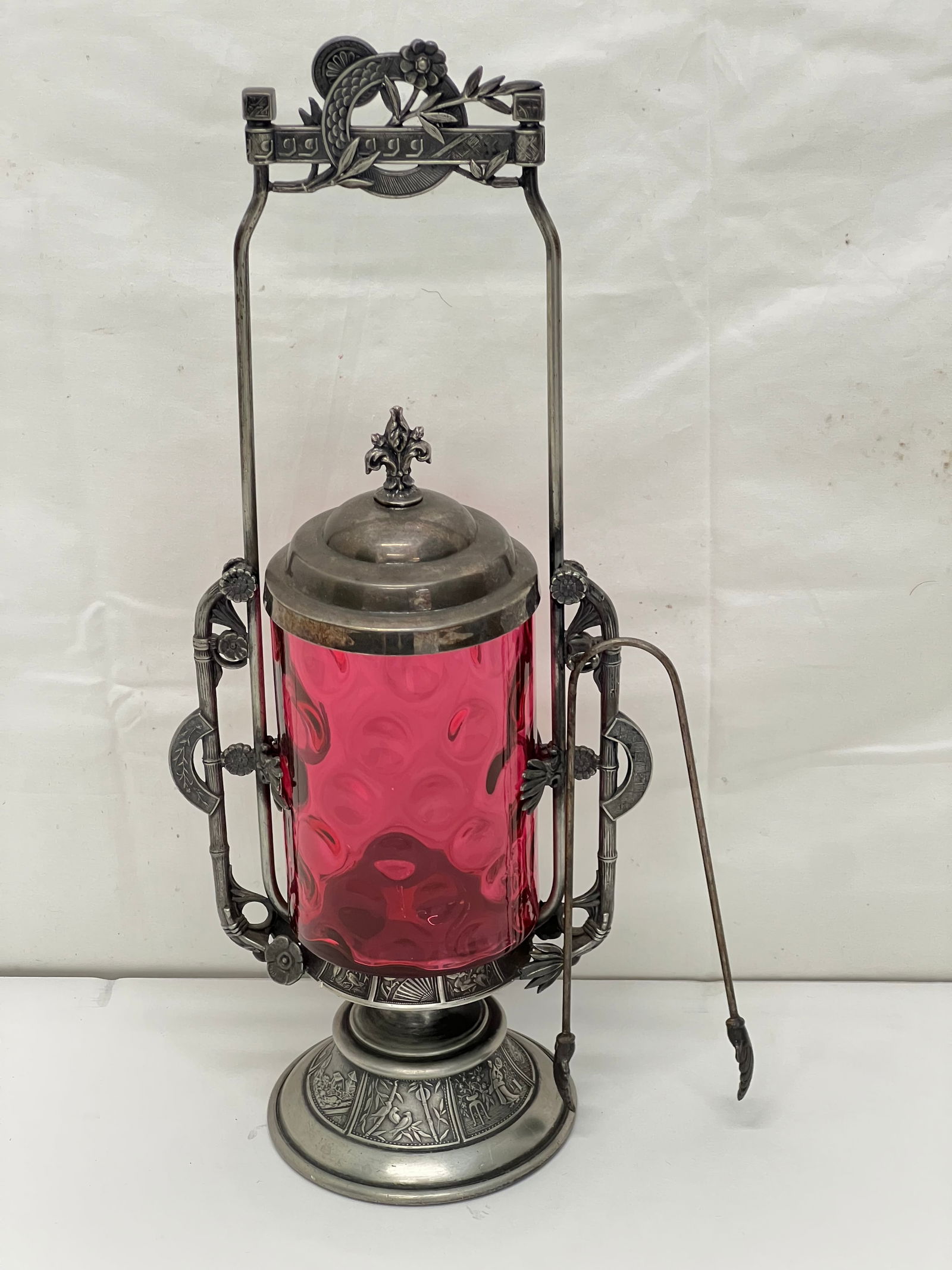 Antique Cranberry Glass Coin Dot Pickle Castor w/ Tongs- Base w/ Pictorial Scenes by Reed + Barton - (1 of 7)