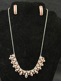 Ruby White Tourmaline Sterling Necklace Earring Set - Sterling Silver 16''L Necklace + .5'' Hoop