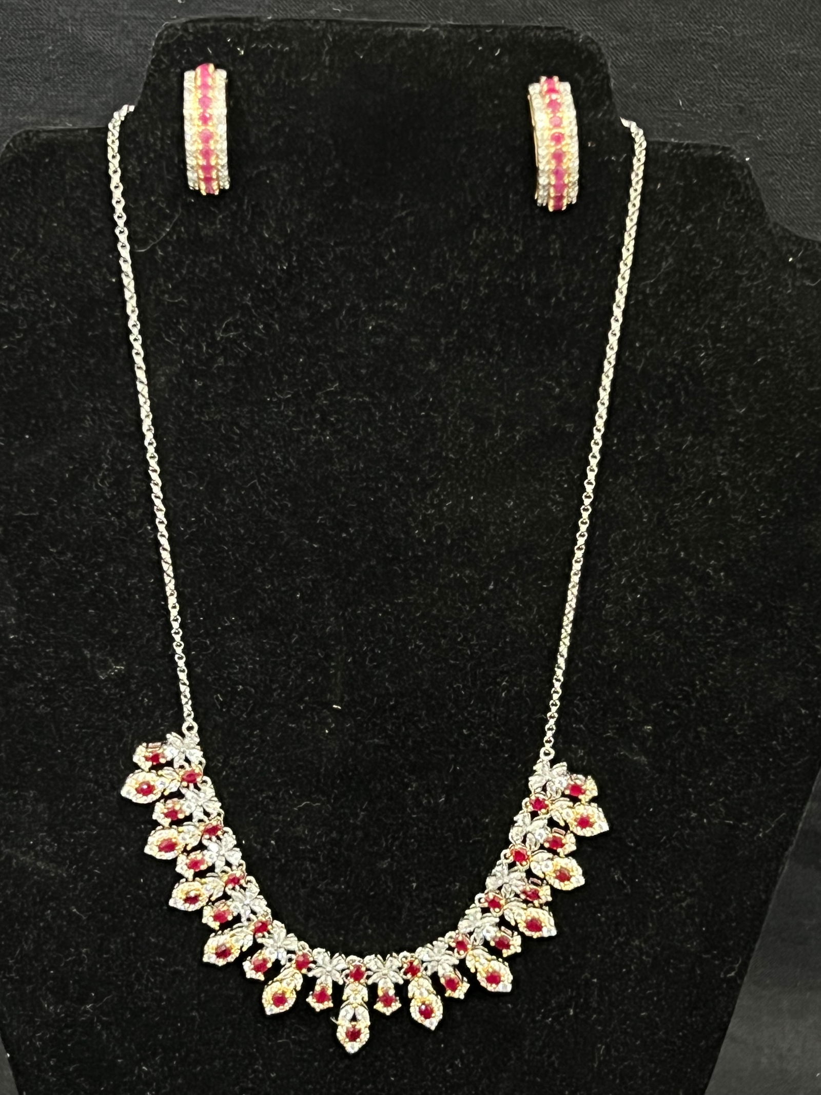 Ruby White Tourmaline Sterling Necklace Earring Set - Sterling Silver 16''L Necklace + .5'' Hoop (1 of 6)