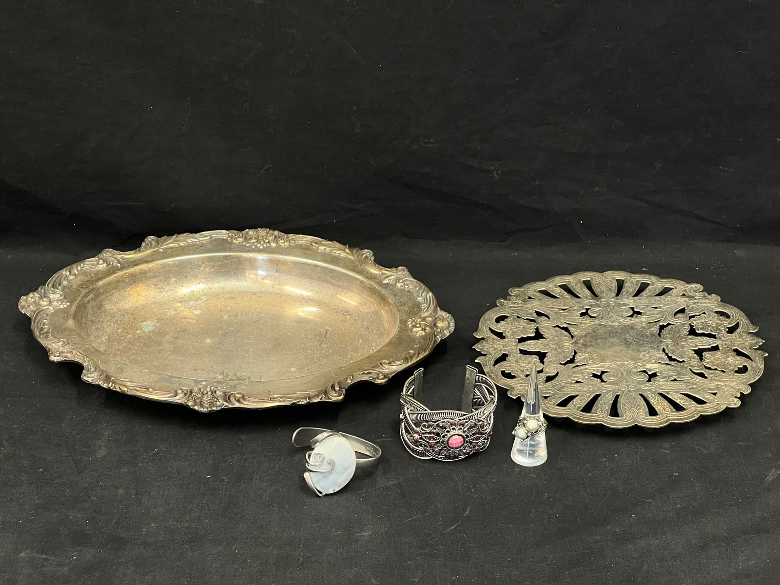 Asst Bracelets, Ring, Silverplated - Fork Cuff Bracelet Brazil, Faux Pearl Ring Sz 7.5, Rhinestone: Asst Bracelets, Ring, Silverplated - Fork Cuff Bracelet Brazil, Faux Pearl Ring Sz 7.5, Rhinestone Bracelet + Silverplated Trivet & Bowl