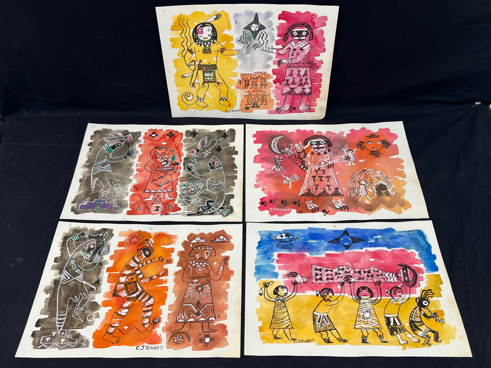 (5)Signed Charles Stewart(1922-2011) Original Art - 5Pcs Early Pencil Sketches w/ Watercolor & Mixed (1 of 6)
