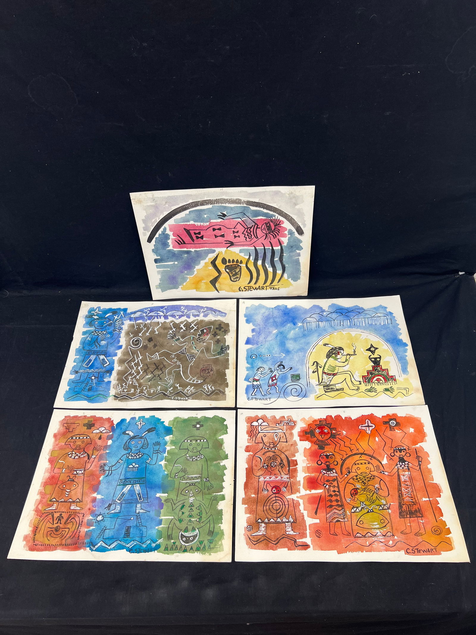 (5)Charles Stewart(1922-2011) Early Mixed Media - Pencil Sketches and Watercolors Native American (1 of 6)