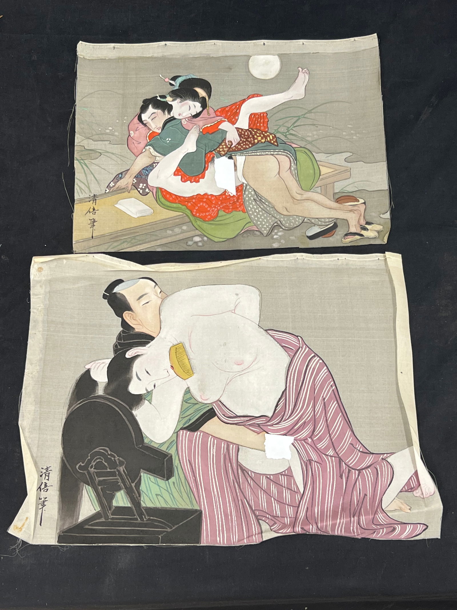 (2)Shunga Erotica Art on Silk, Signed - 14'' x 11'' + 12'' x 9'': (2)Shunga Erotica Art on Silk, Signed - 14'' x 11'' + 12'' x 9''
