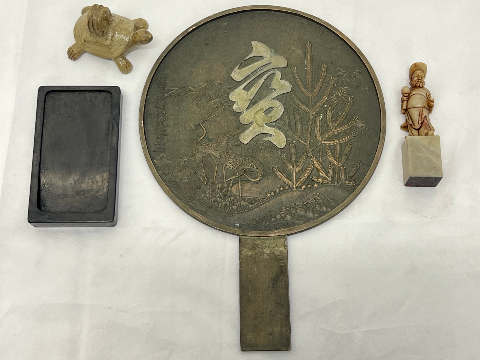 Antique Japanese Bronze Reflection Mirror & Figures - Signed Asian Man Stone Figure 4.5'', Crane (1 of 11)