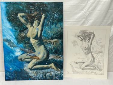 Russell Tripp(1942-2025) Original Nude Oil & Sketch - Original Compositional Pencil Sketch 14'' x