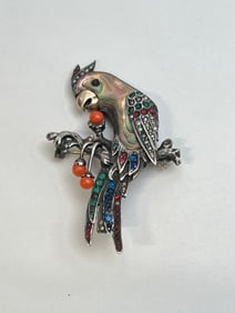 Vintage Sterling Parrot Brooch with Abalone Coral Gemstones - Sterling Abalone Parrot Brooch 2.25''L