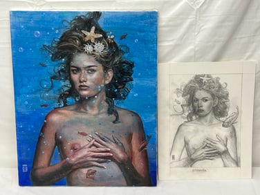 Russell Tripp(1942-2025)Signed Original Oil of Mermaid - Original Compositional Pencil Sketch Signed