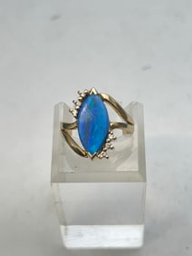 14K Gold Opal Doublet Diamond Ring, Sz 8, TW 5g - Vintage 14K Yellow Gold Opal Diamonds Ring