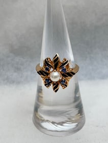 Vintage 10K Gold Pearl Sapphire Enamel Ring, Sz 7 - Total Wgt 3.86g