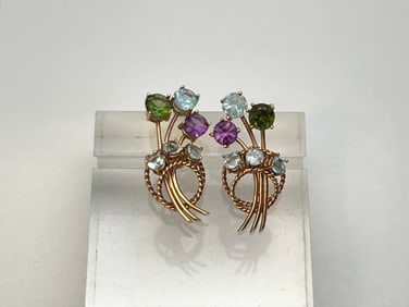 Vintage 14K Gold Aquamarine Amethyst Peridot Earrings - 1''L, Pierced with 14K Gold Backs - Total
