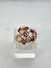 14K Vintage Diamond Opal Garnet Cocktail Ring,Sz 6 - Vintage Estate 14K Yellow Gold Ring - TW 7.6g