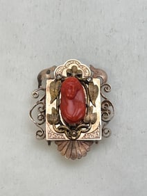 Victorian 14K / 12K Carved Coral Pearl Seed Pendant/Brooch - Victorian Pendant / Brooch with Carved