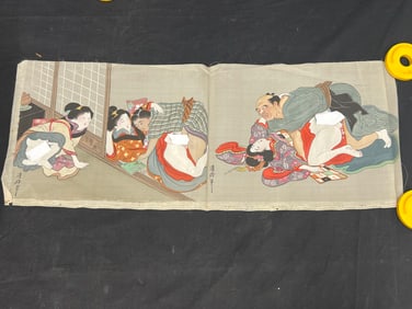 (2)Shunga Erotica Art on Silk, Signed - 2 Pieces Made in 1 - 11'' x 28''