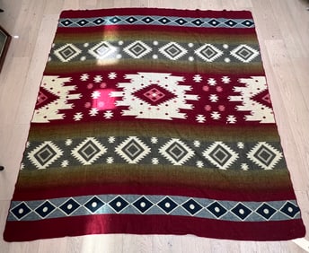 Alpaca Blanket with Southwestern Native Design - 6'1'' x 7'1'' - Reds, Greens, Blue, Gray, Cream