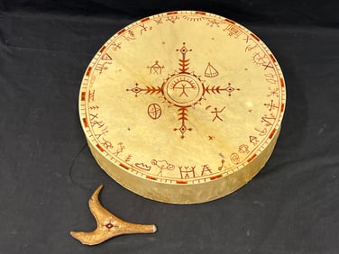 Viking Shaman Handmade Hide Drum with Antler - Handmade in Muonio Finland, Handpainted Hide with