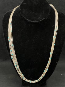 Sterling Native American Turquoise Waterfall Necklace - Liquid Silver 10'' Strand Necklace with
