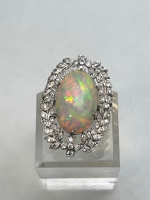 14K Gold Australian Opal Diamond Ring, Sz 6, TW 5.8g - Stunning High Quality Oval Cabochon 18.5mm