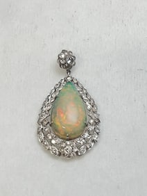 14K Gold Australian Opal Diamond Pendant - Pear Shaped Cabochon Cut Australian Opal 21mm, Approx.