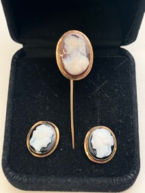 10K Gold Cameo Pin & Earring Set - Pr. Pierced Earrings + Hat Stick Pin