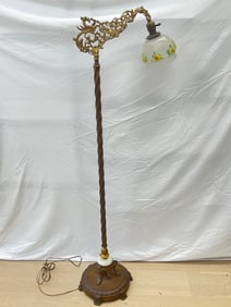 1920s Griffin Brass Bridge Lamp with Glass Shade - Roaring 20s Floor Lamp with Griffin Base + Arm -
