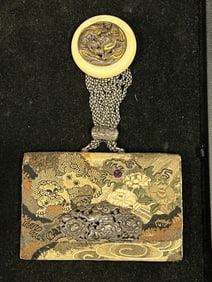 Antique Japanese Tobacco Pouch, Netusuke Meiji - Silk Embroidered Antique Japanese Sage Mono Tobacco