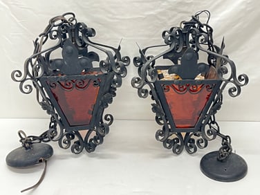 Pr Spanish Iron Hanging Lights with Amber Glass - 11'' x 15''