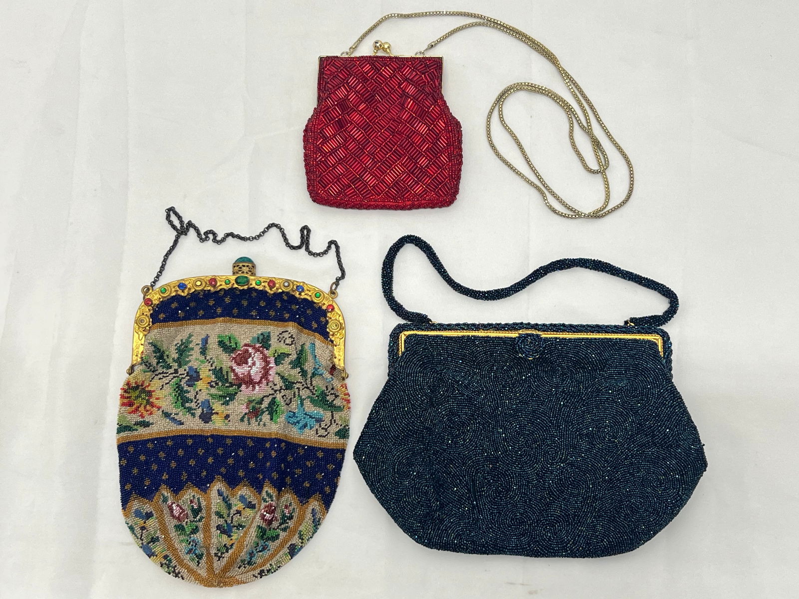 Antique & Vintage Beaded Purses / Bag - French Blue Beaded with Silk Lining, Rhinestone Beaded (1 of 8)