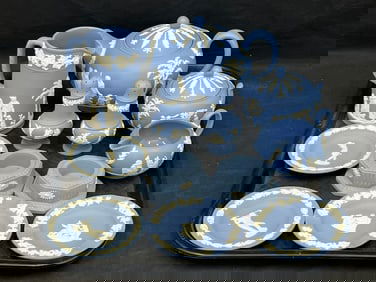12pcs Wedgwood Blue Jasper - Teapot, Creamer, Sugar, Salt & Pepper, Candle Holders, Small Dishes