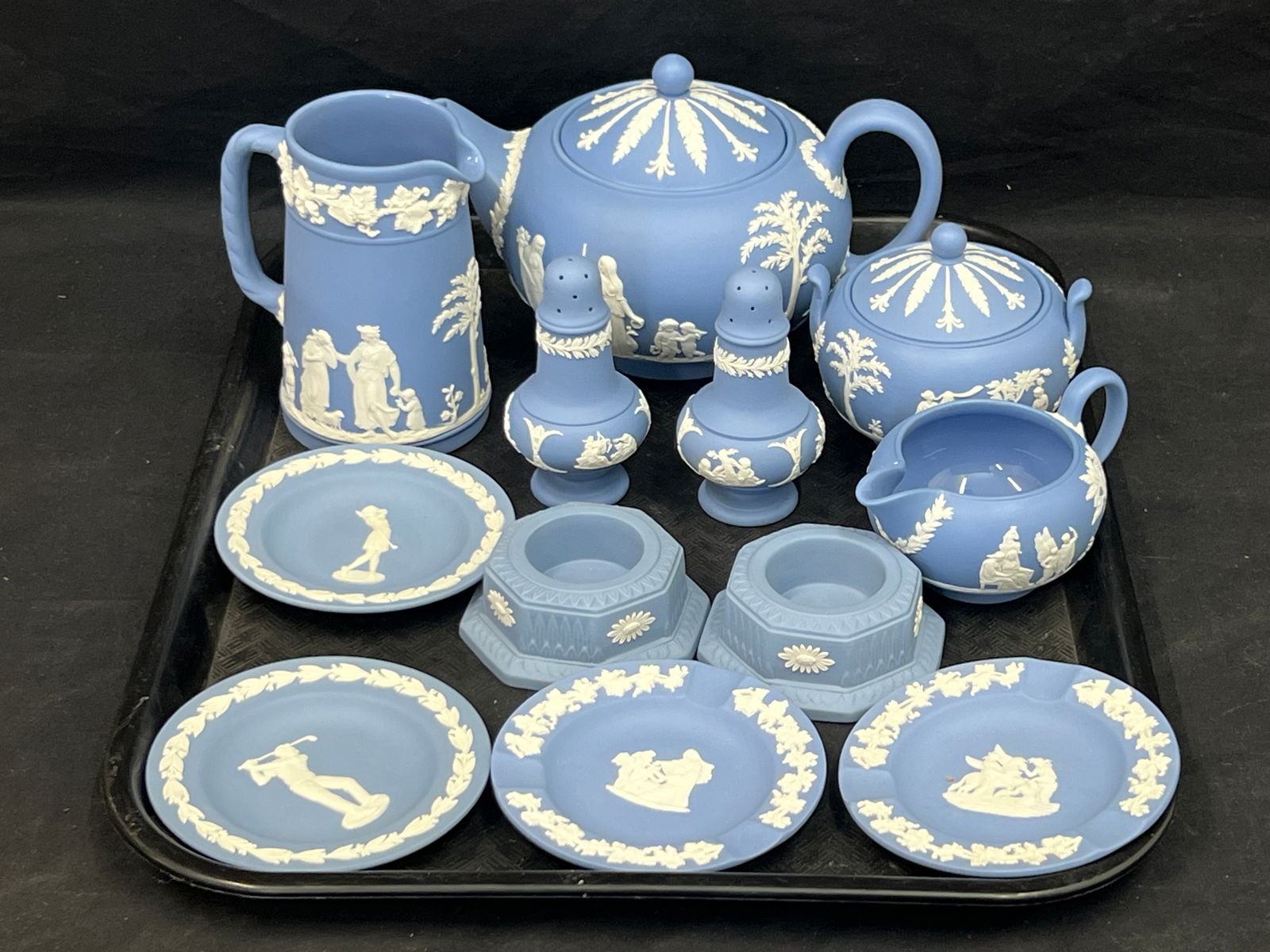 12pcs Wedgwood Blue Jasper - Teapot, Creamer, Sugar, Salt & Pepper, Candle Holders, Small Dishes: 12pcs Wedgwood Blue Jasper - Teapot, Creamer, Sugar, Salt & Pepper, Candle Holders, Small Dishes