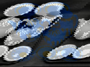 8pcs Wedgwood Blue Jasper - Pr Compotes, Tea / Coffee, Creamer, Sugar, Small Dishes Condiment, Salts