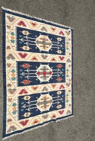 Kilim Area Rug 6'4'' x 8'9'' in Blues, Reds,Cream Colors - (Minor Damage, See Photos for Condition)