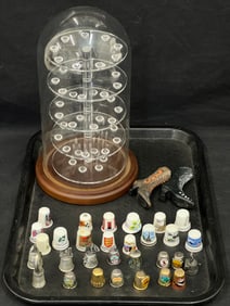 Asst Vintage Sewing Thimbles, Glass Dome Case - Glass Dome Case with Tiered Plastic Storage &