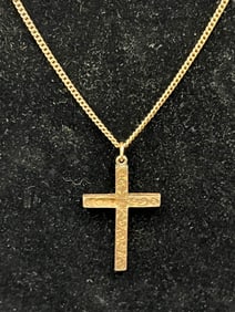 Antique 9K Gold Cross with 10K Gold Chain - Beautiful Etched Antique Gold Cross Pendant Hallmarked
