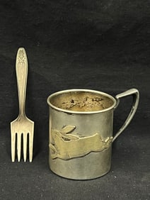 1920s-30s Deco Sterling Childs Cup with S/P Fork - Art Deco Sheffield Sterling Childs Cup with