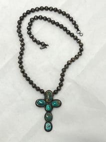 Vintage Native American Sterling Tuquoise Cross Necklace - Sterling Silver Beaded Necklace 20''L