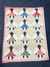 Antique Black Americana Folk Art Club Quilt 24'' x 31.5''
