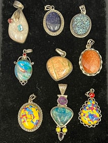 (9)Sterling Silver Pendants, Mosaic Jasper, Druzy,More - Various Stones / Shapes / Sizes