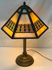 Bradley & Hubbard Signed Slag Glass Lamp - Signed on Shade - Arts & Crafts Era - Shade 14'' x 10.5''