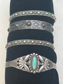 (4)Vintage Sterling Native American Bracelets - Turquoise & Etched