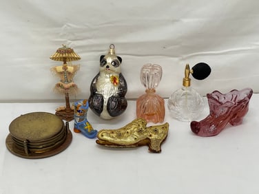 Asst Tray- Fenton Glass Shoe, Perfumes, More - Glass Panda Ornament, French Perfume, Glass Ocean
