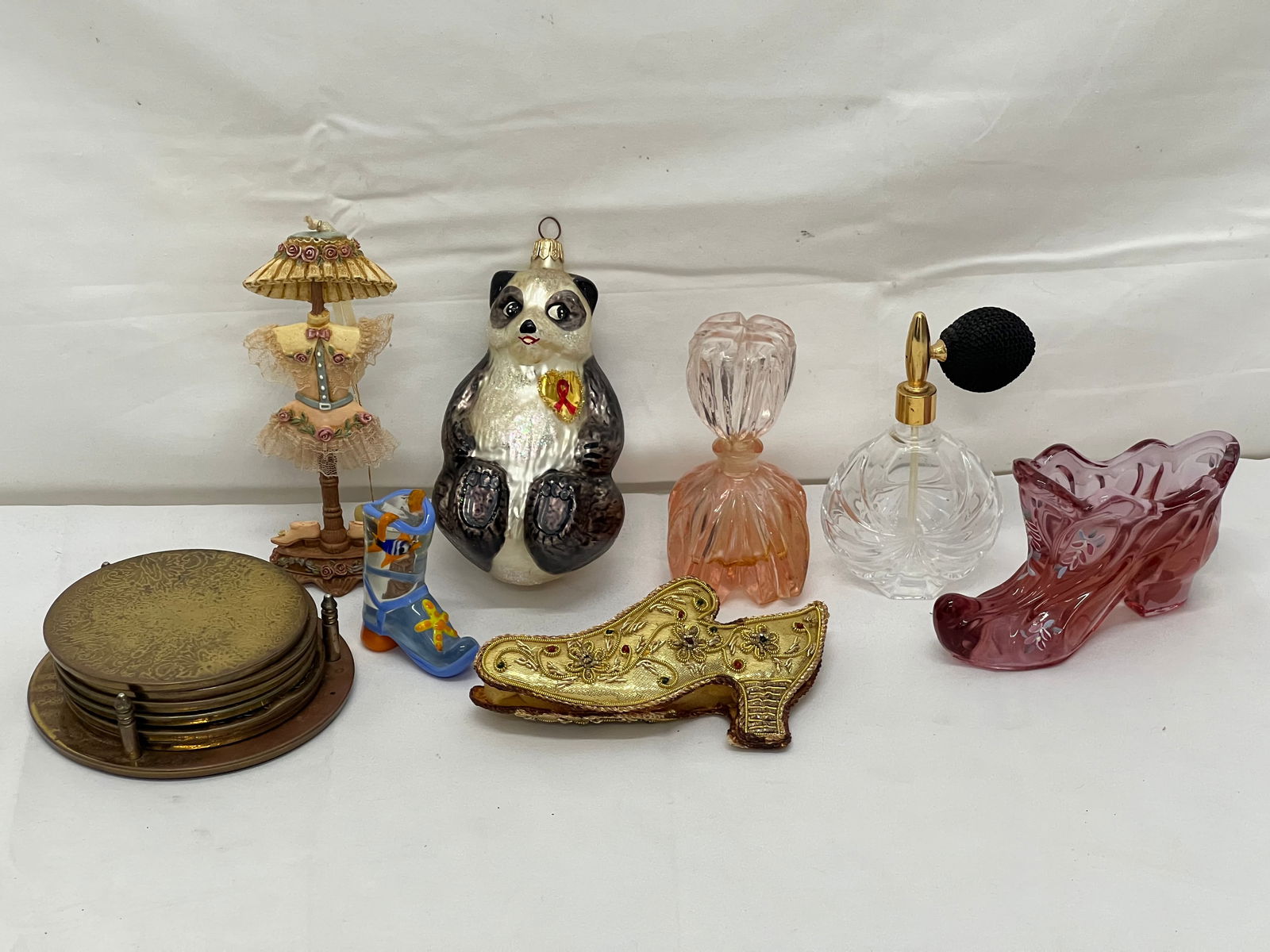Asst Tray- Fenton Glass Shoe, Perfumes, More - Glass Panda Ornament, French Perfume, Glass Ocean (1 of 10)