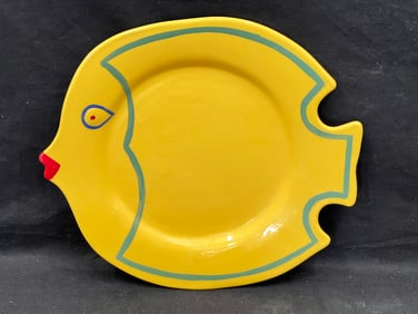 Vintage Cyclamen Pottery Fish Platter Dish - Signed on Bottom - 12.5'' x 11.25''