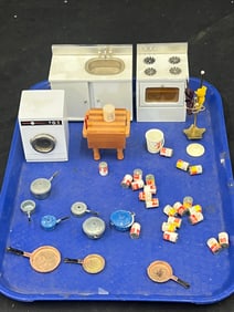 Vintage Doll Furniture, Dishes,Soup Cans - (20)Asst Campbells Soup Cans, Oven, Dryer, Kitchen Sink,