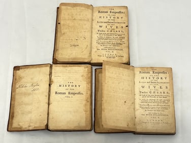 (3)1752 Books History of the Roman Empreffes Vol 1-3 - Leather Bound Vols 1-3 with Family Dates &