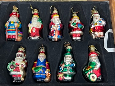 Thomas Pacconi Christmas Ornaments w/ COA - Set of (18)Blown Glass Santa Ornaments with Original Box