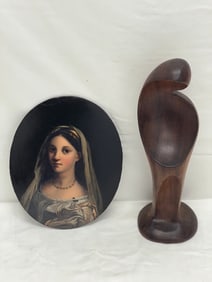 MCM Carved Madonna + Handpainted Antique Portrait - Madonna 11.5''T , Oil Portrait 7'' x 8.5''