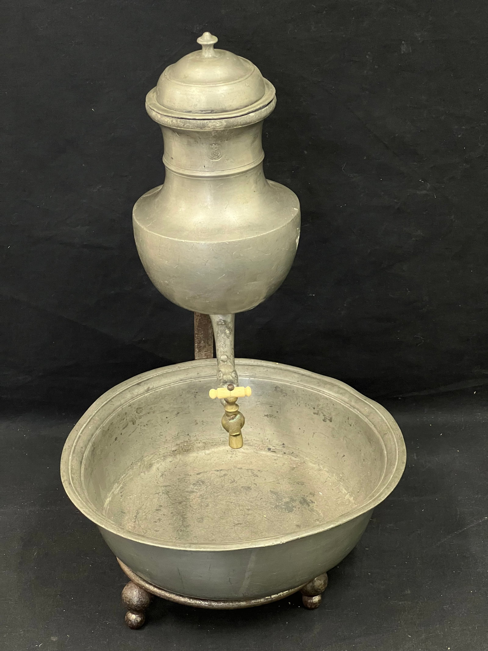 Antique Asian Pewter Ceremonial Lavabo - Pewter Bowl with Dragon Design Spigot with Iron Stand - (1 of 8)